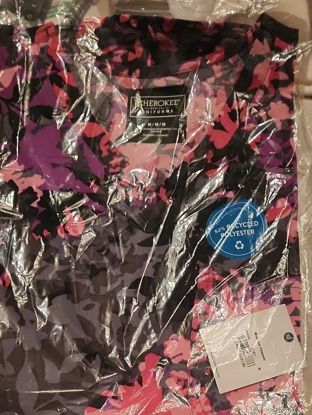 Cherokee Women Purple and Pink Floral Short Sleeve Scrub Med Top